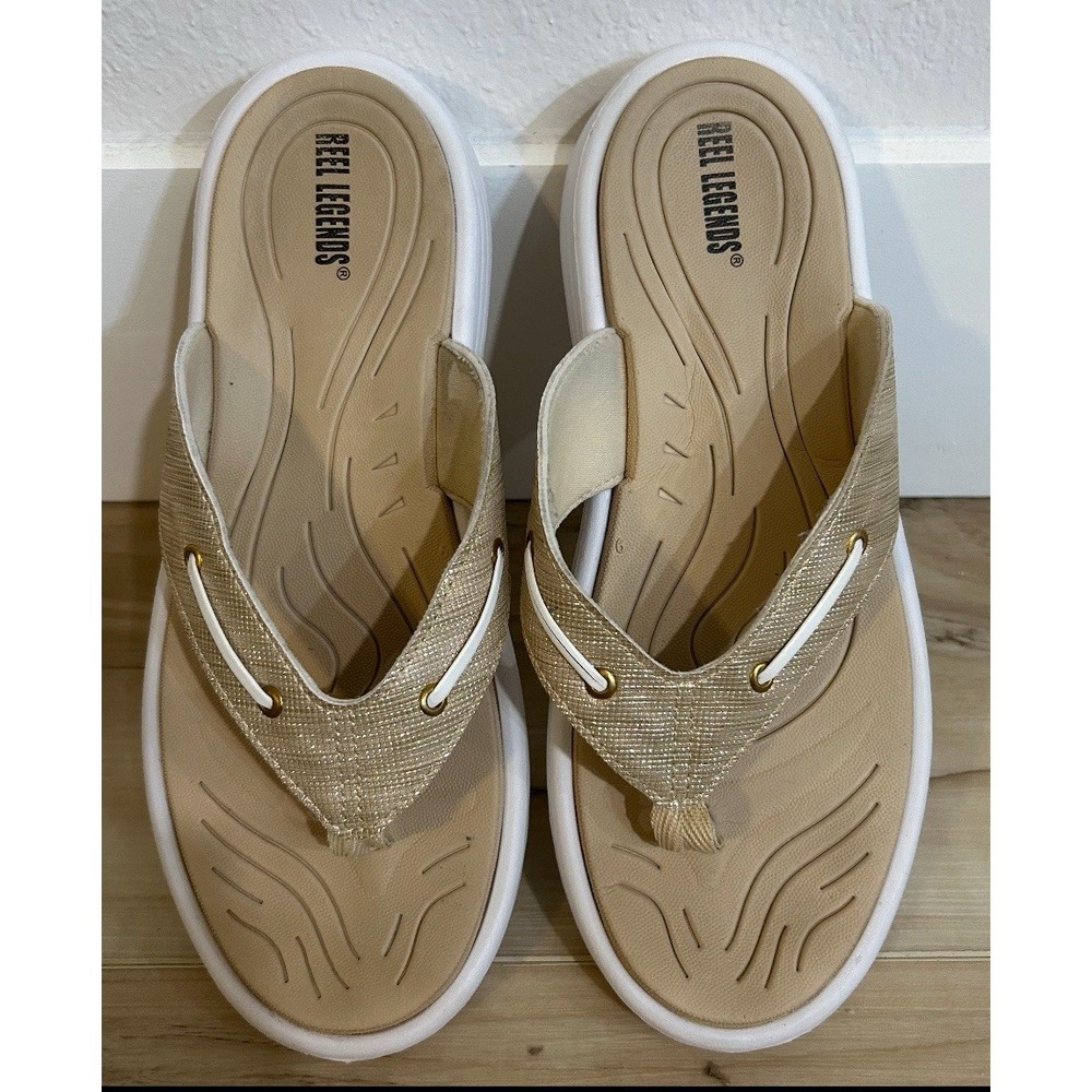 Women's Reel Legends Nautical‎ Flip Flops Gold Cork 9.5 Coastal (No Marked size)